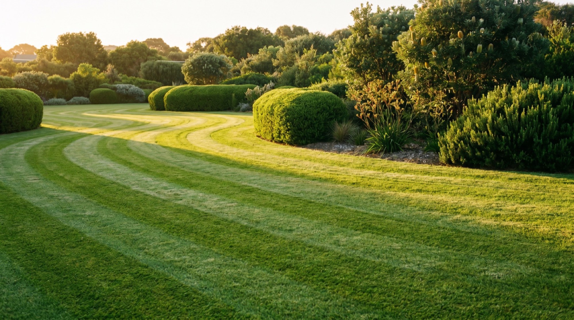 A wide lawn cut in stripes curving past clipped shrubs in warm light