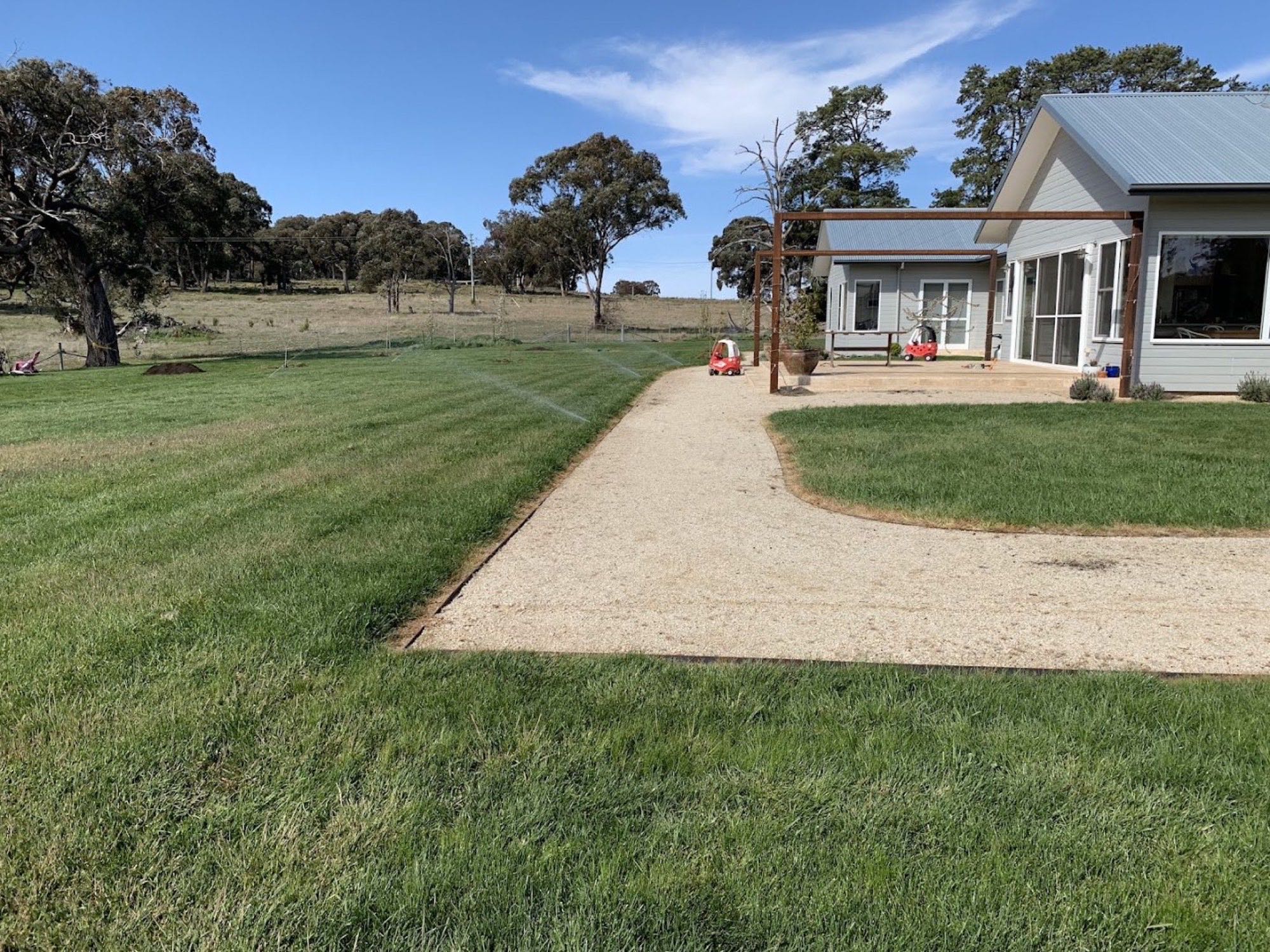 A cut lawn running up to a corrugated-roof house with gum trees behind