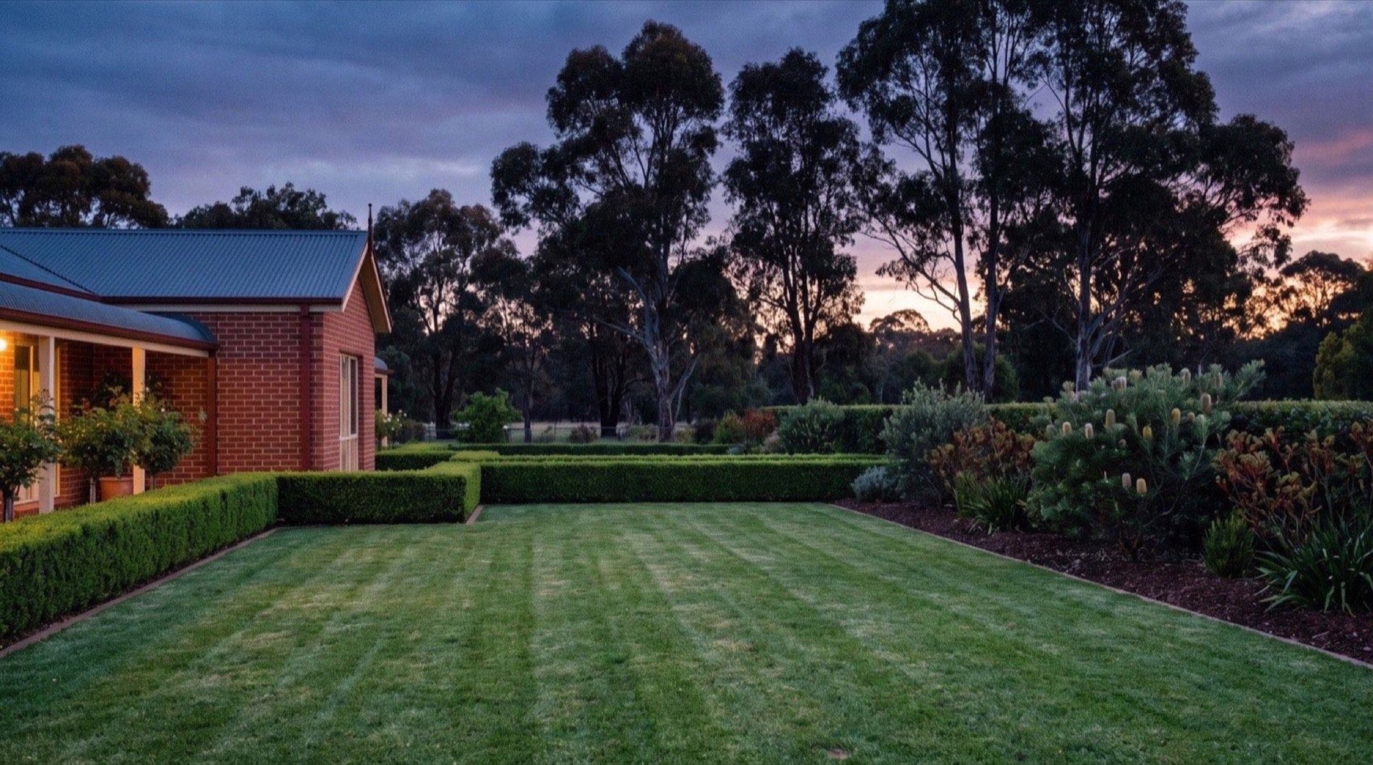 A striped lawn beside a lowset brick house with a Colorbond roof and gum trees at dusk