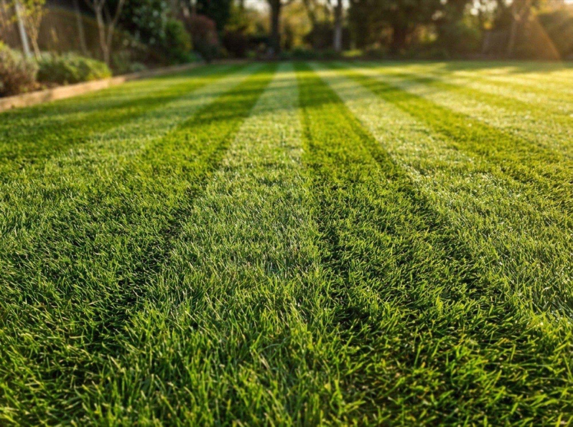 Cut grass with mowing stripes running away from the camera in low sun