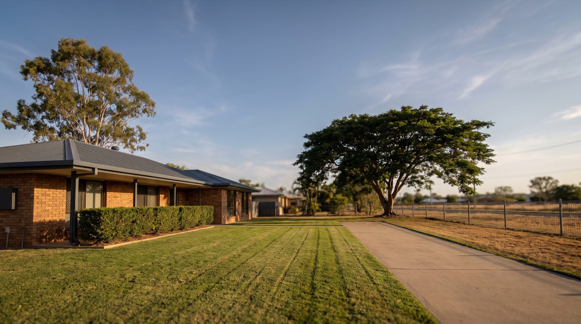 A mown lawn meeting a concrete driveway beside a lowset brick house with a Colorbond roof, a gum and a poinciana