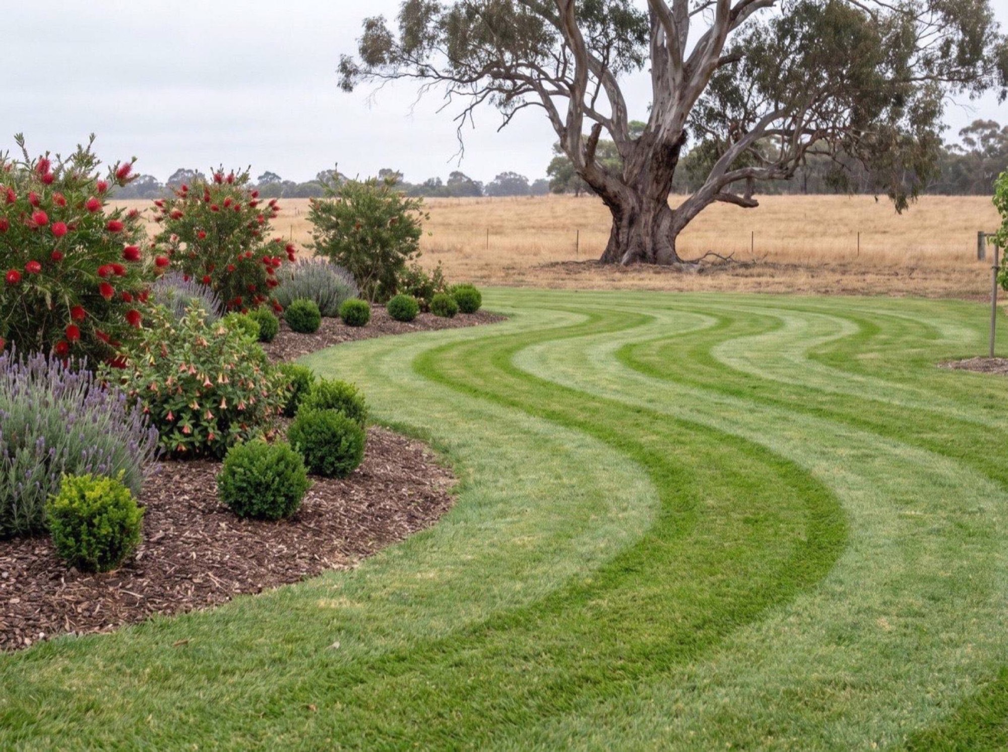 A curved lawn cut in stripes beside a garden bed, with a large gum and dry paddock behind