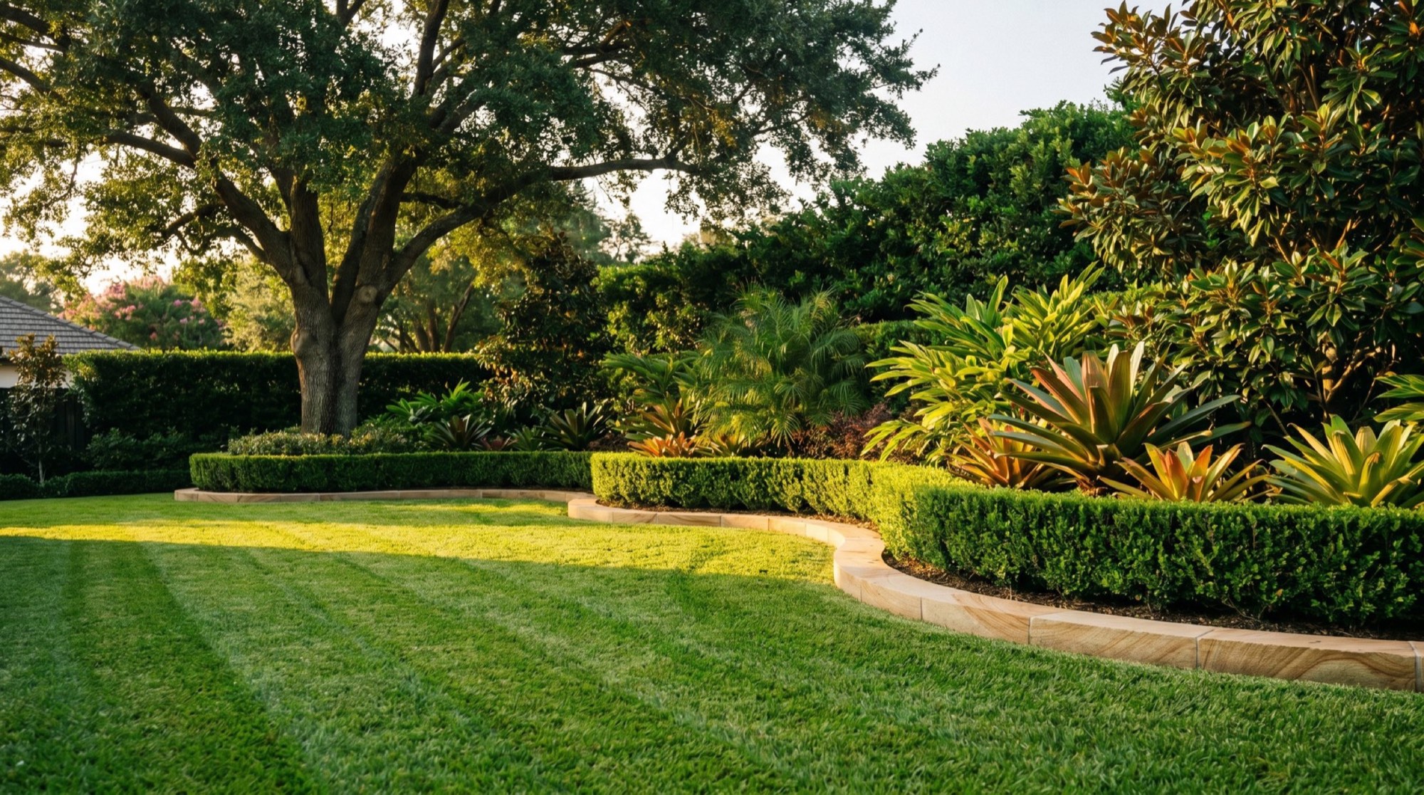 A striped lawn edged against a garden bed under a large shade tree