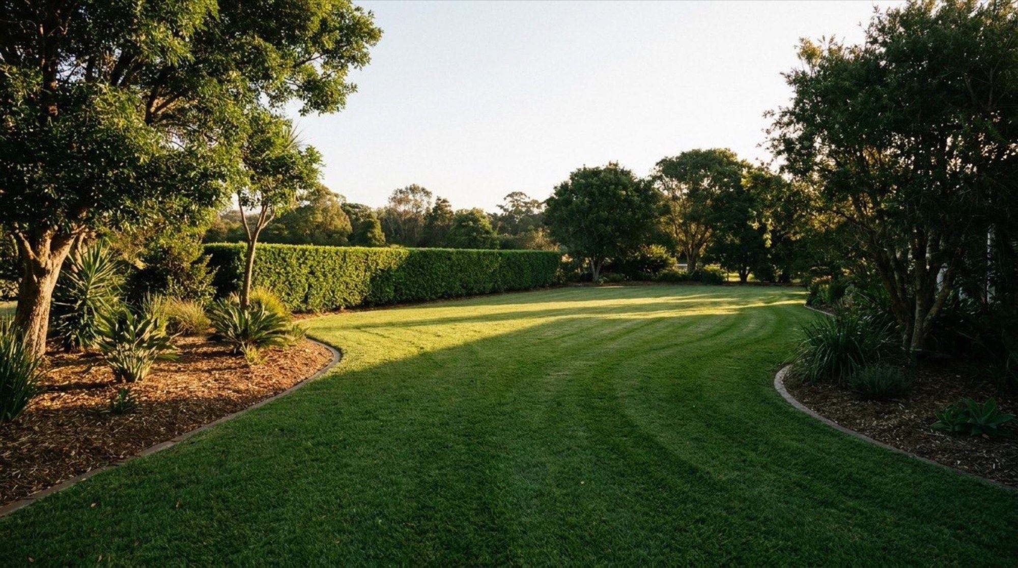 An open lawn cut in wide stripes with gum trees along the boundary