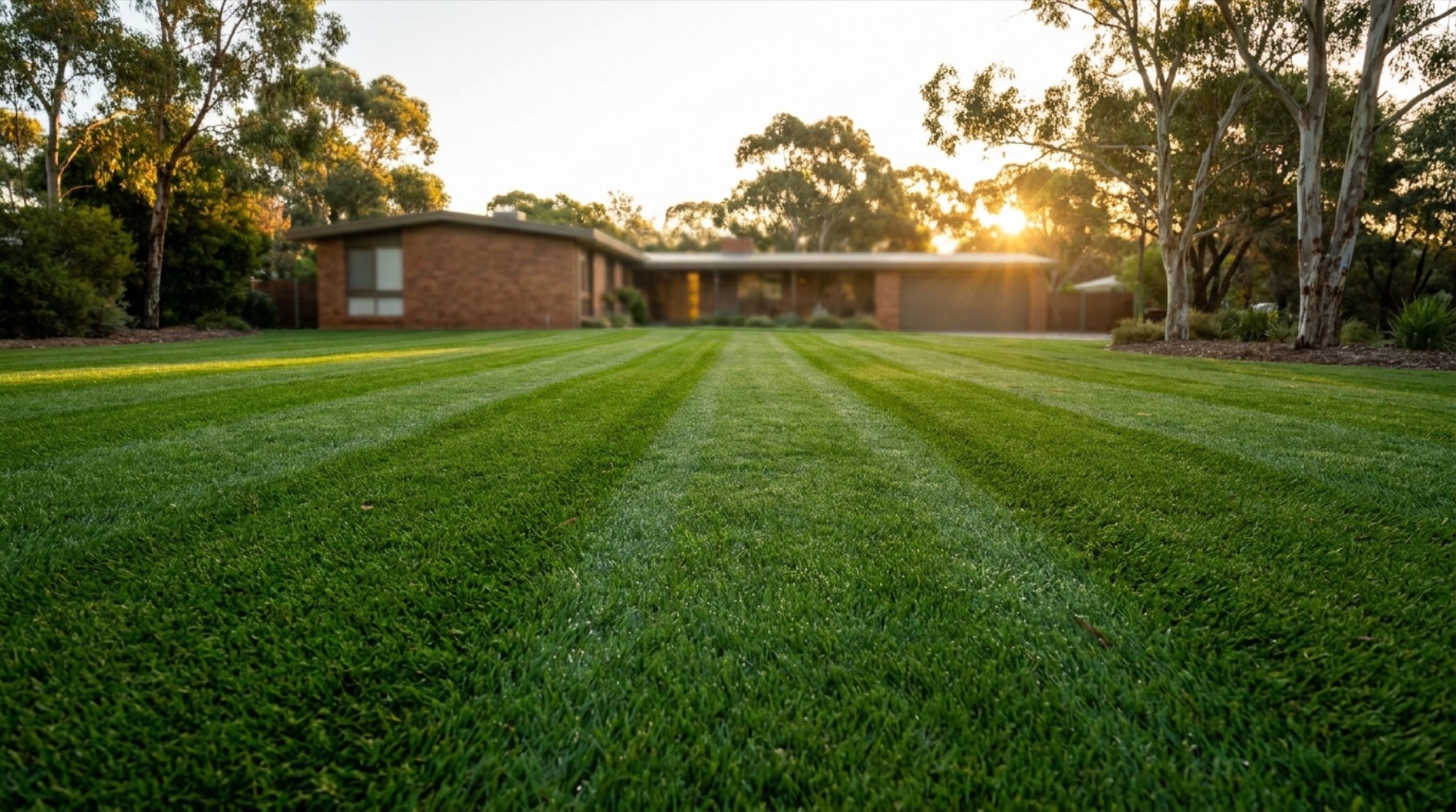 A striped lawn running up to a lowset brick house with the sun behind the trees